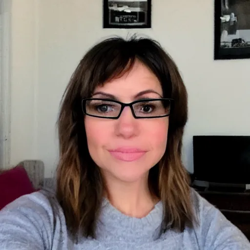 Prompt: 4 5 year old french and swedish and macedonian woman, short height, brown hair with bangs, wide nose, looks like chubby selena gomez and candace cameron, drinks bourbon, very nerdy, tired all the time, smiling, wears oprah glasses,