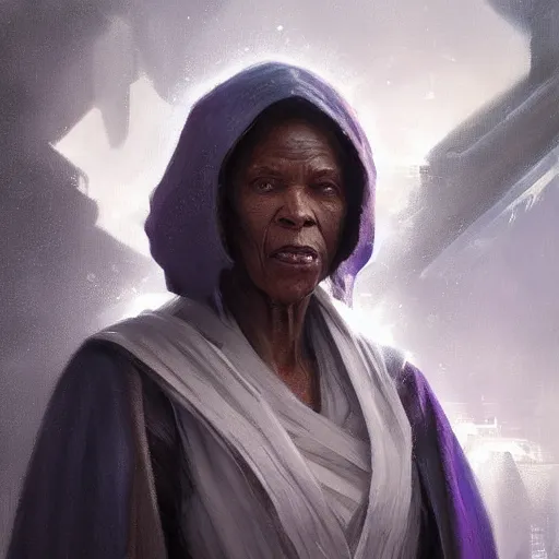 Image similar to portrait of a woman by greg rutkowski, old jedi master, afroamerican, wise, star wars expanded universe, she is about 7 0 years old, wearing jedi robes.