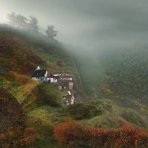 Image similar to village on a steep cliff peak, wide angle, fog layer, foliage, digital art