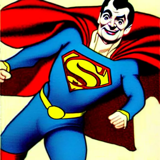 Image similar to mr bean as superman. he is extremey clumsy and destroys many buildings by accident. dc comics coverart, comicbook, comic panel