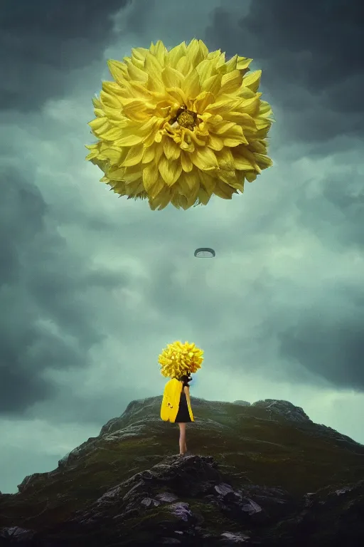 Image similar to closeup girl with huge yellow dahlia flower face, intricate, standing on mountain, surreal photography, blue storm clouds, dramatic light, impressionist painting, digital painting, artstation, simon stalenhag