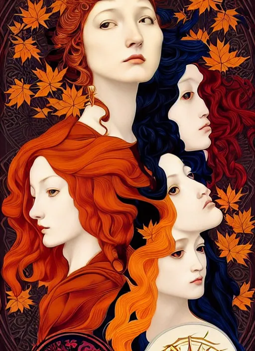 Image similar to 3 Autumn Muses symbolically representing September, October, and November, in a style blending Æon Flux, Peter Chung, Shepard Fairey, Botticelli, Ivan Bolivian, and John Singer Sargent, inspired by pre-raphaelite paintings, shoujo manga, and cool Japanese street fashion, dramatic autumn landscape, leaves falling, deep sunset tones, hyper detailed, super fine inking lines, ethereal and otherworldly, 4K extremely photorealistic, Arnold render