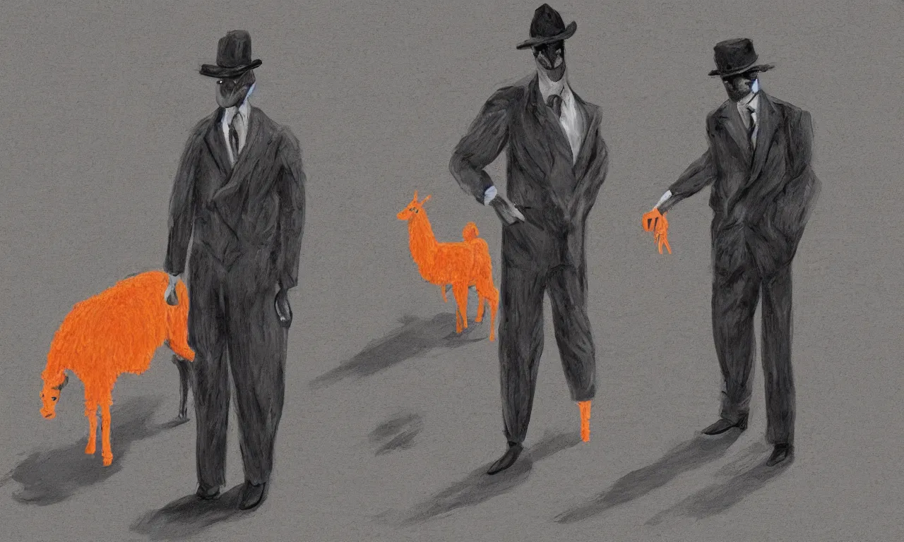 Image similar to a digital painting of an orange llama wearing a 1 9 4 0's noire detective outfit, standing in the streets of chicago at night investigating a crime scene where a body outline is drawn in chalk on the sidewalk, digital art