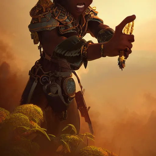 Prompt: an epic fantasy comic book style portrait painting of a black man, studio ghibli, unreal 5, hyperrealistic, octane render, cosplay, dynamic lighting, intricate detail, harvest fall vibrancy, cinematic, mechanical, steampunk