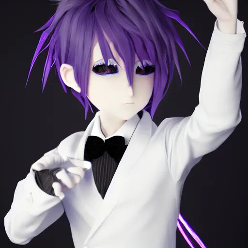 Prompt: nymph render of a beautiful 3d anime boy, wearing white cravat and black tuxedo coat, medium black hair, purple eyes, conductor, full round face, concert hall setting, dark color scheme, medium shot, mid-shot, highly detailed, trending on Artstation, Unreal Engine 4k