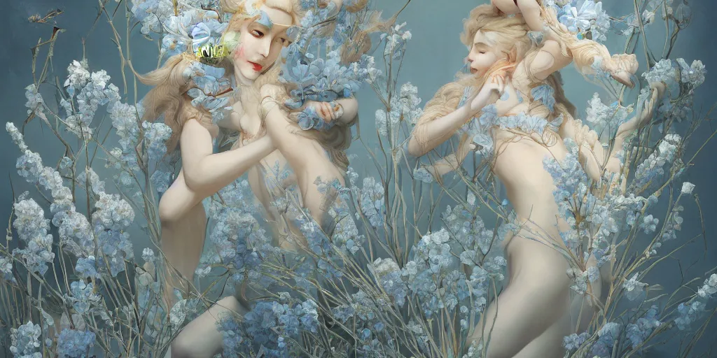 Image similar to breathtaking detailed concept art painting art deco pattern of blonde faces goddesses amalmation light - blue flowers with anxious piercing eyes and blend of flowers and birds, by hsiao - ron cheng and john james audubon, bizarre compositions, exquisite detail, extremely moody lighting, 8 k