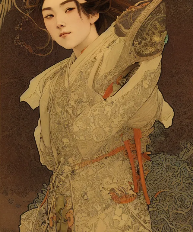 Image similar to realistic hyper detailed portrait of a samurai warrior by Alphonse Mucha and Charlie Bowater and art germ, rule of thirds, samurai armor, japanese patterns, golden ratio, portrait style with the subject in the middle of the frame