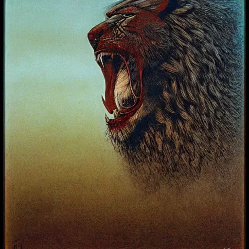 Prompt: monster with with four faces : man, lion, eagle, bull. drawn by zdzislaw beksinski