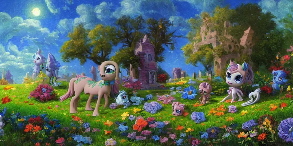 Image similar to 3 d littlest pet shop horse, spooky, graves, stars, crypt, flowers, storm, blues, greens, teals, master painter and art style of noel coypel, art of emile eisman - semenowsky, art of edouard bisson