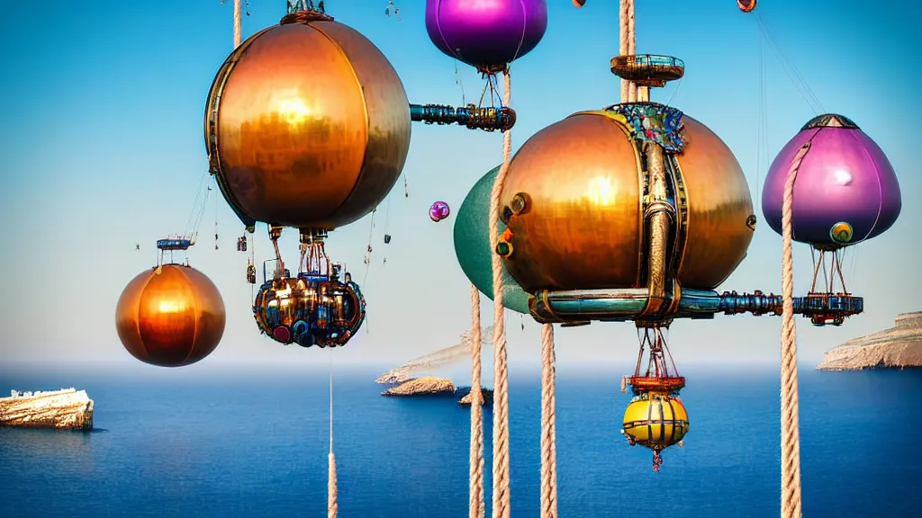 Image similar to large colorful futuristic space age metallic steampunk steam - powered balloons with pipework and electrical wiring around the outside, and people on rope swings underneath, flying high over the beautiful greek islands landscape, professional photography, 8 0 mm telephoto lens, realistic, detailed, photorealistic, photojournalism