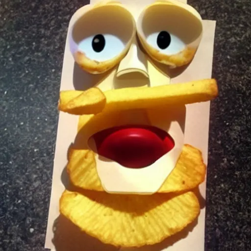 Image similar to [ a french fry chip ] shaped like stephen fry as a pixar character hybrid intercross mix