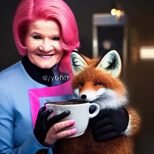 Prompt: captain janeway sharing coffee with a robotic fox with pink hair, inside a french cafe, real life photo, hdr 8 k advertising photography, studio lighting