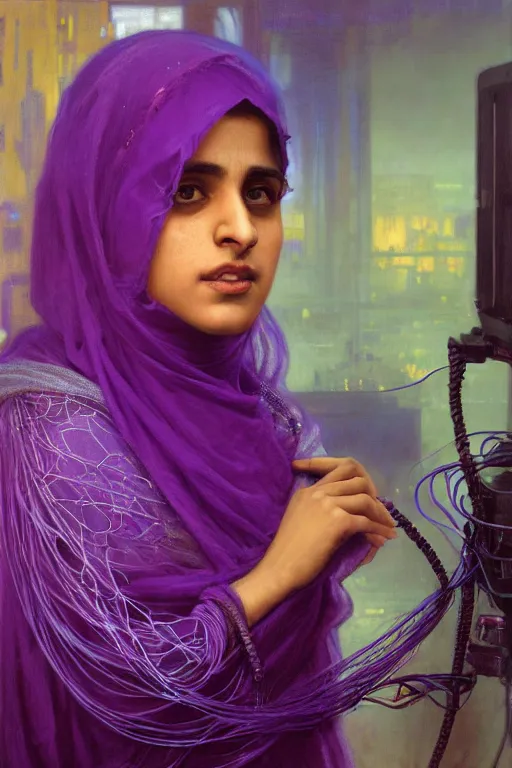 Prompt: hyperrealist portrait of a young hyderabadi muslim american woman wearing a purple niqab, it is decorated with long wires and computer monitors are all over their body within the cyberpunk office background. by jeremy mann and alphonse mucha, fantasy art, photo realistic, dynamic lighting, artstation, poster, volumetric lighting, very detailed faces, 8 k, award winning