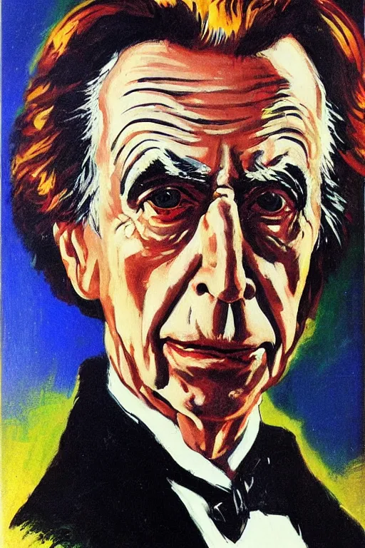 Image similar to portrait of bertrand russell as villain, by basil gogos