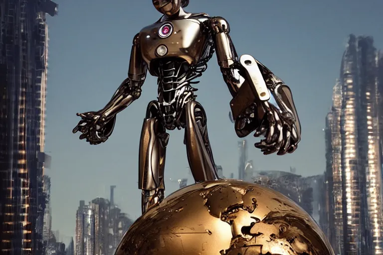 Image similar to atlas holding the world sculpture by mario feng and john berkey, atlas is an i robot, ray tracing, master shot, octane render, 8 k, ultra hd, perfect light