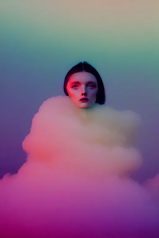 Image similar to high quality pastel coloured film close up wide angle photograph of a model wearing clothing resting on cloud furniture in a icelandic black rock!! environment in a partially haze filled dreamstate world. three point light, rainbow. photographic production. art directed. pastel colours. volumetric clouds. pastel gradient overlay. waves glitch artefacts. extreme facial clarity. 8 k. filmic.