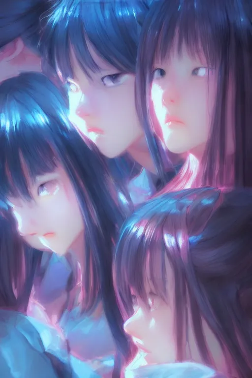 Prompt: 3d infrared octane render concept art by Mo Xiang Tong Xiu, by Igarashi Daisuke, by makoto shinkai, cute beauty cozy portrait anime sad schoolgirls under dark pink and blue tones, mirror room. light rays. deep water bellow. sad photographic face. dramatic deep light, trending on artstation, oil painting brush