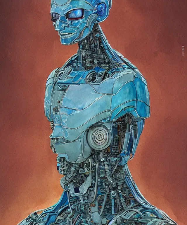 Prompt: a watercolor painting character portrait of a humanoid robotic machine mutant in the style of jean giraud in the style of moebius trending on artstation deviantart pinterest detailed realistic hd 8 k high resolution