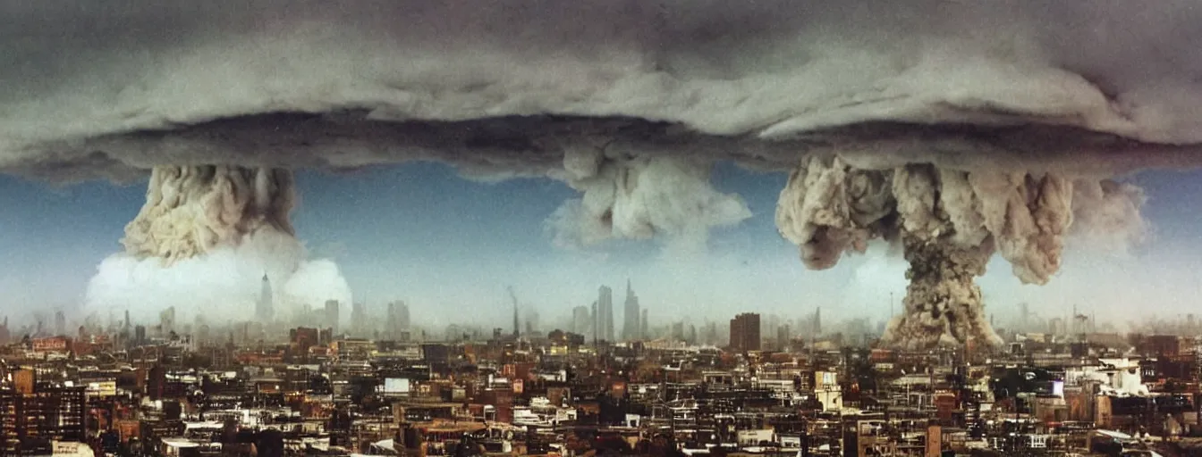 Image similar to end of the world, mushroom cloud in a city