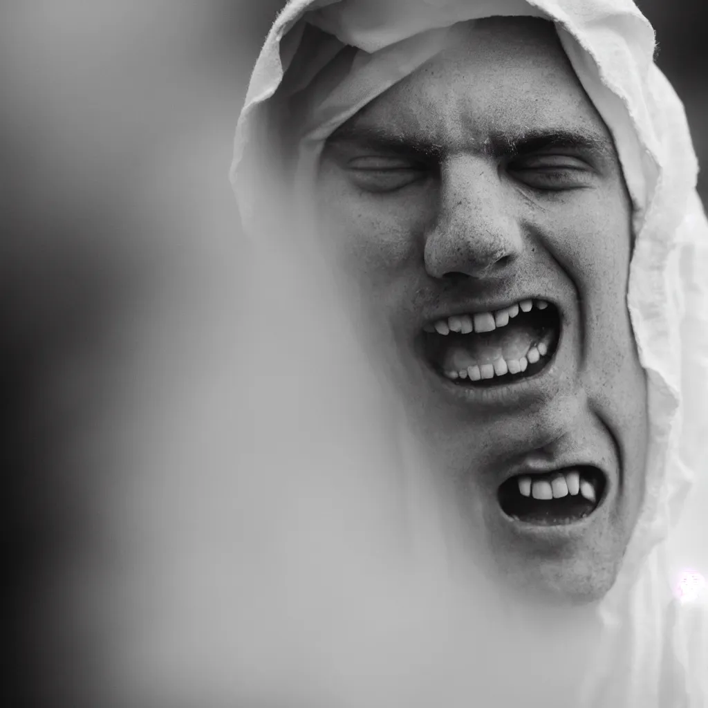 Prompt: Extreme Close-Up (ECU) vintage black and white portrait photo of a young man dressing in white robes wearing white masks in the field, the man is screaming, cinematic lighting, cinematic composition, cinematic atmosphere, misty foggy. Vogue photography Sigma 85mm f/5-6.3 lens, portrait winning photograph.