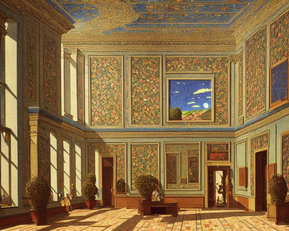 Prompt: an achingly beautiful print of the interior of a posh art museum with elaborate mosaics covering the walls, potted plants, and classical antiquities by Raphael, Hopper, and Rene Magritte. detailed, romantic, enchanting, trending on artstation.