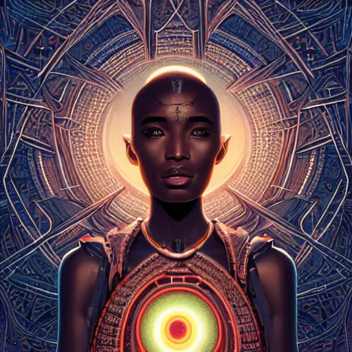 Image similar to symmetry!! highly detailed portrait of an african egyptian goddess, intricate alien technology, stephen bliss, unreal engine, fantasy art by greg rutkowski, loish, rhads, ferdinand knab, makoto shinkai and lois van baarle, ilya kuvshinov, rossdraws, tom bagshaw, global illumination, radiant light, detailed and intricate environment