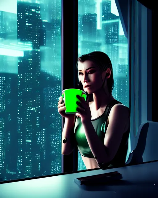 Image similar to a terminator cyborg lady with borg implants and a gorgeous human face is drinking coffee near a window with dystopian city visible outside. tiny green led lights in her cybernetics. very detailed 8 k. horror cyberpunk style.