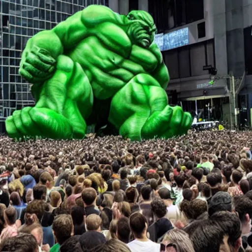 Prompt: photo of the green - giant crushing a crowd of people