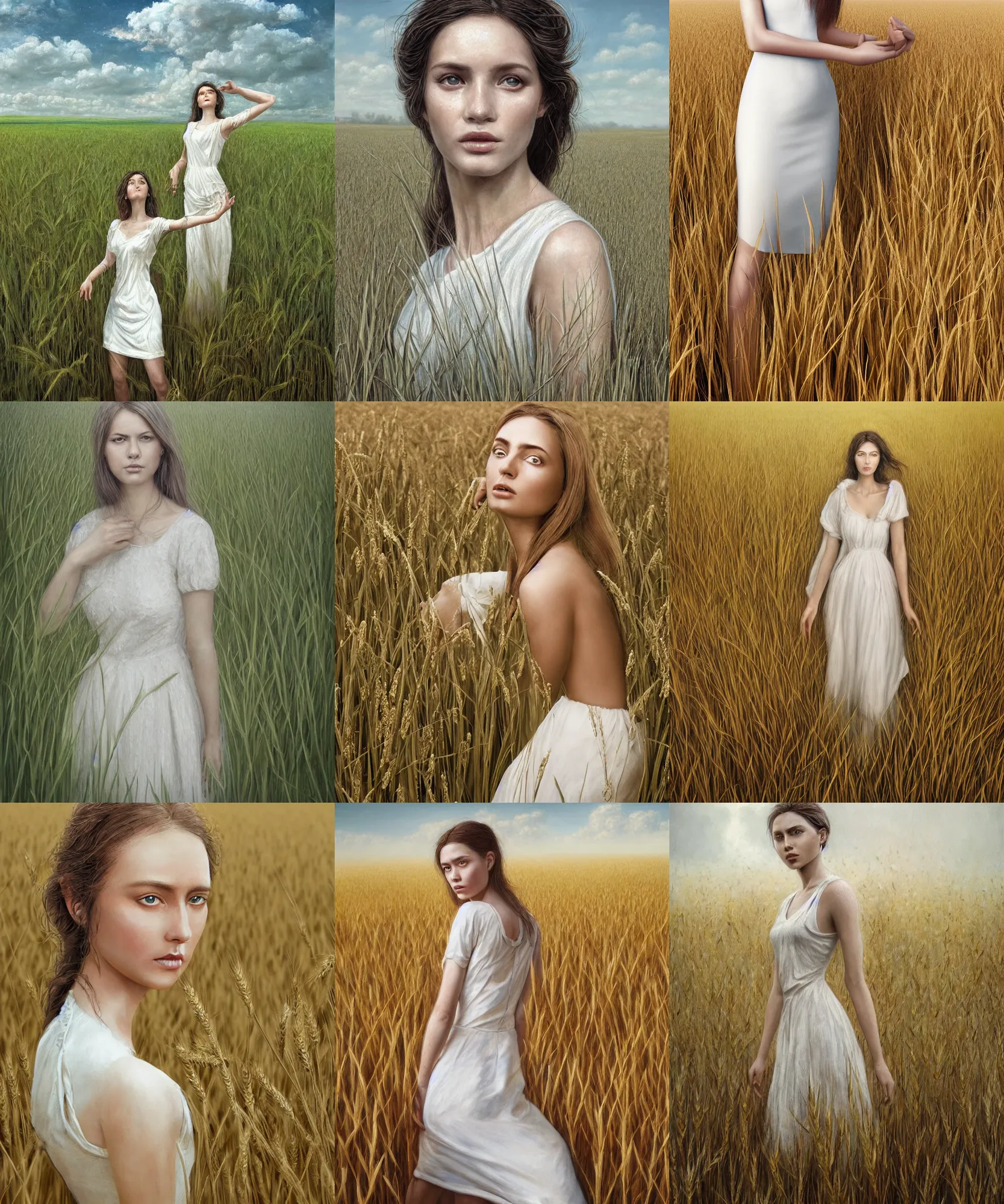 Prompt: Hyper realistic detailed painting of a Paludnitsa! ((in a lush wheat crop)). Perfect face, beautiful!, white dress, melancholic!!, dreamlike, highly detailed, sharp focus, digital art, art by Eddie Mendoza, detailed and intricate environment, highly detailed, award winning art, 4k, octane render.