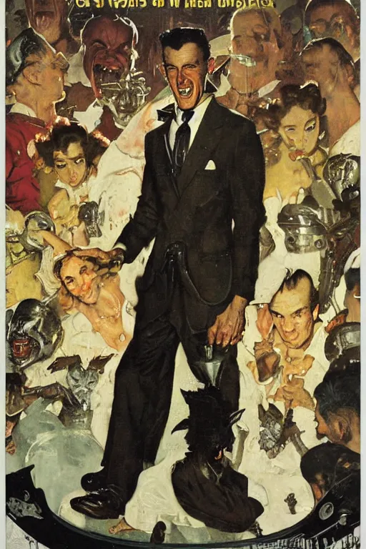 Image similar to 5 0 s pulp scifi fantasy illustration full body portrait werewolf in tuxdeo, by norman rockwell, roberto ferri, daniel gerhartz, edd cartier, jack kirby, howard v brown, ruan jia, tom lovell, frank r paul, jacob collins, dean cornwell, astounding stories, amazing, fantasy, other worlds