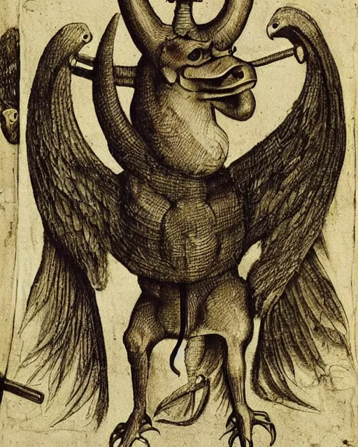 Image similar to a creature with the body and eyes of a man, beak of an eagle instead of the nose, the mane of a lion, two horns of an ox on the head. drawn by hieronymus bosch