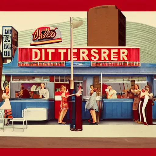 Image similar to a 1950’s American diner. All the customers are former celebrities. Tom cruise is a waitress. Digital art, 8K