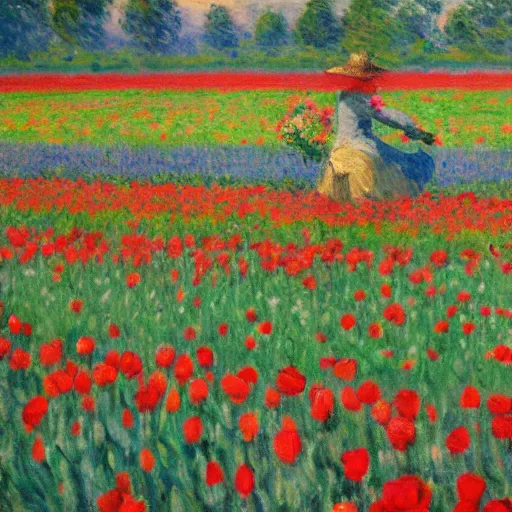 Image similar to Monet painting of Spiderman in a field of roses and tulips, back turned