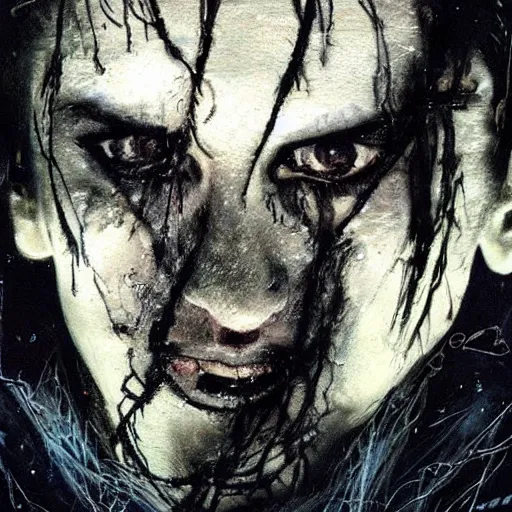 Image similar to stunning portrait of gaunt ( the cure fan ) as dream from sandman, dim stars as eyes, by jeremy mann, by cedric peyravernay, by by russ mills, by richard avedon and ben templesmith, dramatic lightning, sadness, dark eye sockets, in the shadows, punk rock, gothic, high detailed, 8 k