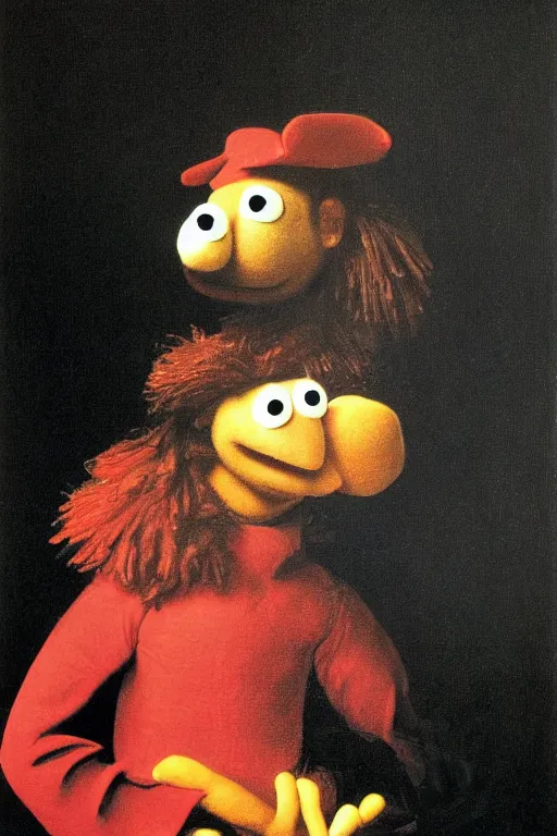 Prompt: a muppet painted by Caravaggio, dark black background