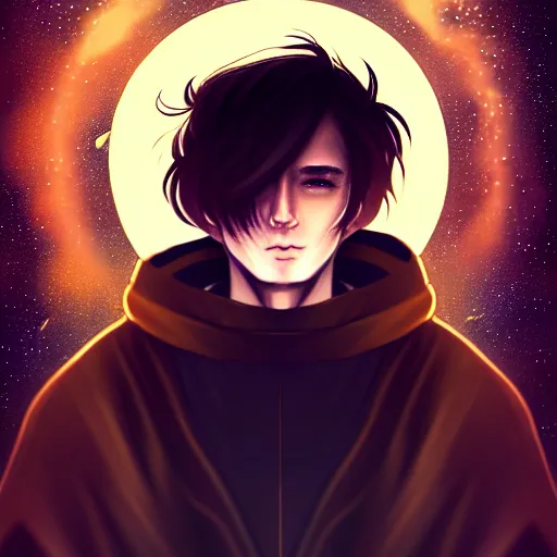 Prompt: a man with with brown hair, wearing a black robe with the tips made of gold, setting in space with a galaxy in the backround, depth of field, on amino, by sakimichan patreon, wlop, weibo high quality art on artstation