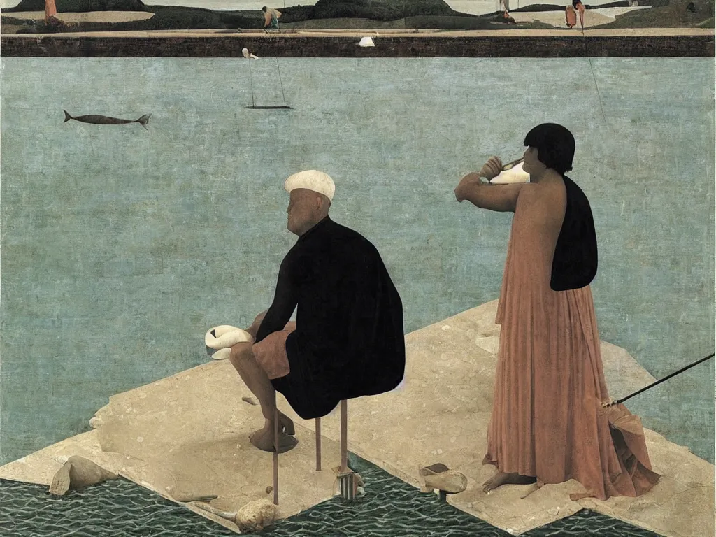 Prompt: Painter washing his brush in the river. Giant fishes. Painting by Alex Colville, Piero della Francesca.