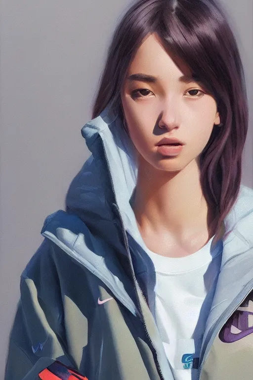 Image similar to A ultradetailed beautiful panting of a stylish girl with her hands in her pockets, she is wearing an oversized Nike jacket, Oil painting, by Ilya Kuvshinov, Greg Rutkowski and Makoto Shinkai