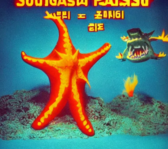 Prompt: Pulgasari the North Korean starfish monster, volumetric lighting, filmstill, produced by Kim Jong-il, Kodachrome, kaiju-eiga, monster movie