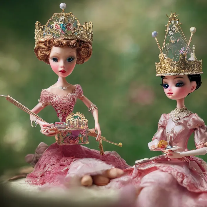 Prompt: closeup portrait of tin toy fairytale princess sitting on a throne wearing a crown eating cakes, depth of field, zeiss lens, detailed, symmetrical, centered, fashion photoshoot, by nicoletta ceccoli, mark ryden, lostfish, breathtaking, 8 k resolution, extremely detailed, beautiful, establishing shot, artistic, hyperrealistic, octane render