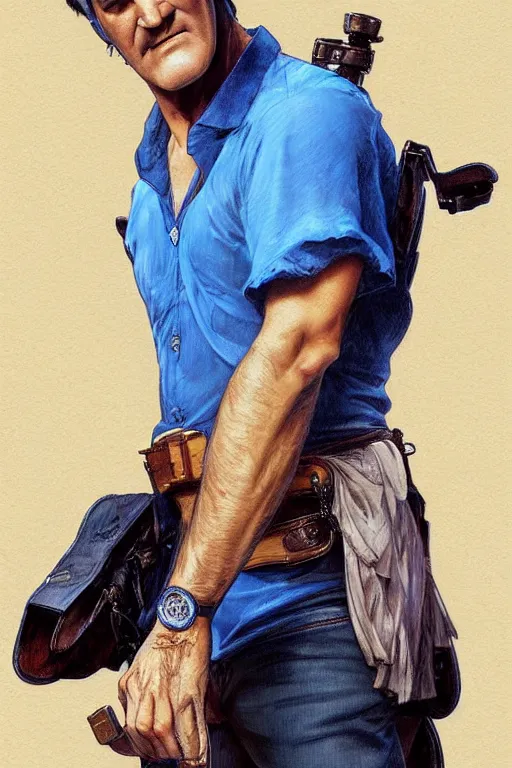 Image similar to Bruce Campbell in a blue bloody shirt with a shoulder strap, innocent, intricate, elegant, highly detailed, digital painting, artstation, concept art, smooth, sharp focus, illustration, art by artgerm and greg rutkowski and alphonse mucha