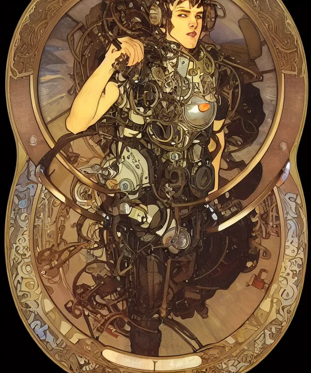 Prompt: realistic detailed portrait of a male! mecha cyberpunk! monk! by alphonse mucha and charlie bowater and art germ, rule of thirds, golden ratio, art nouveau! cyberpunk! style, mechanical accents!, mecha plate armor, glowing leds, flowing wires with leaves, art nouveau accents, art nouveau patterns and geometry, rich deep moody colors