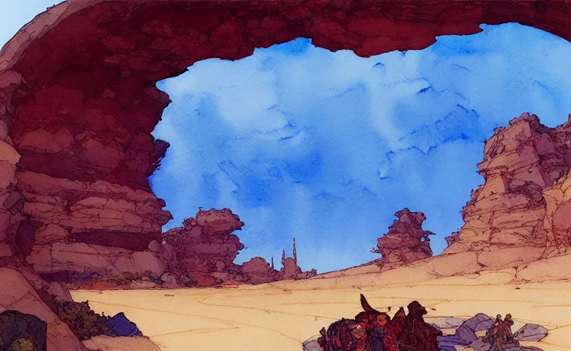 Prompt: a hyperrealist watercolour concept art of a desert night. through a large rock arch is a clear blue sky. by rebecca guay, michael kaluta, charles vess and jean moebius giraud. high detail, hq, wide shot