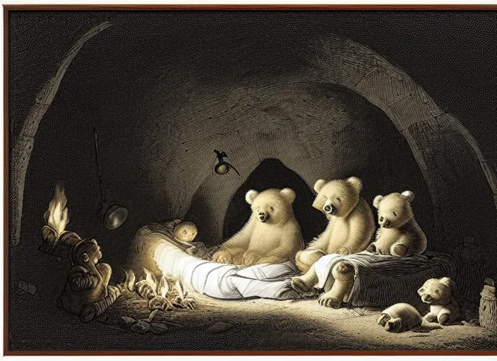 Image similar to Pieter Claesz's 'bear and her cubs sleeping in a dark cave lit by campfire', night time, cross hatching, framed