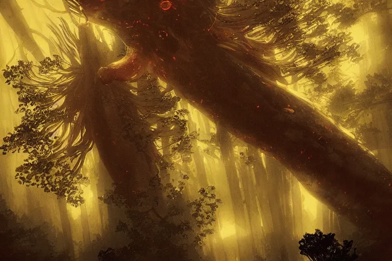 Image similar to huge red giant japanese fishes are flying along the tall trees of a deep Bavarian forest at night. Looking up view, dramatic perspective.misty, mood. y art by Akihiko Yoshida and Greg Rutkowski and Craig Mullins and Alphonse Mucha and Moebious and Roger Deakins