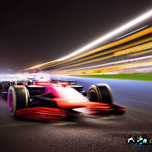 Prompt: formula 1 racing long exposure under night lights huge crowds hyperrealistic award - winning photography nikon