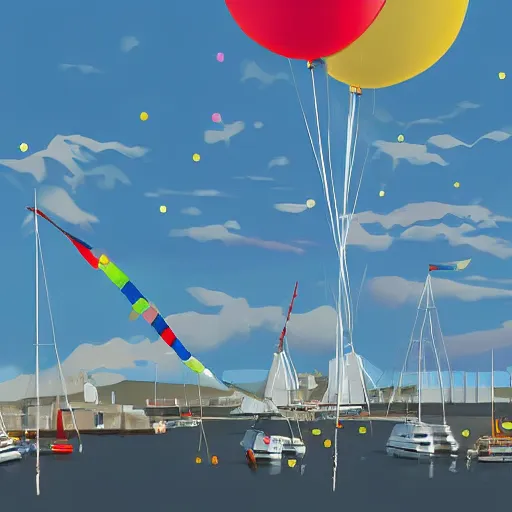 Image similar to digital art of a port in bretagne with giant birthday balloons, artstation cgsociety masterpiece