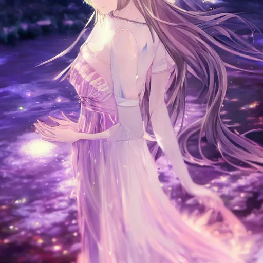 Image similar to advanced digital anime art, Sakimichan , WLOP, RossDraws, a gorgeous woman with long gold and silver hair wearing a violet dress and bare feet walking through a crystal clear river under a starry night, DOF, Gaussian Blur, —H 1024