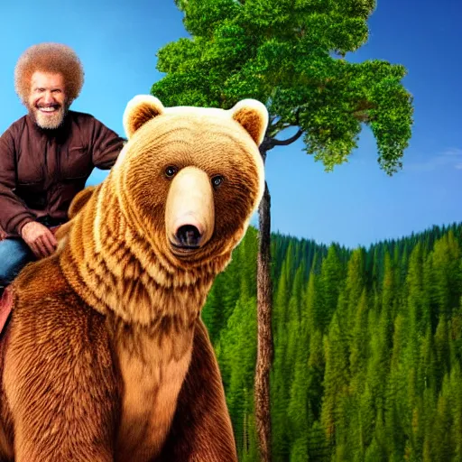 Prompt: bob ross riding on the back of a brown bear, a colorized photo by giuseppe bernardino bison, shutterstock contest winner, digital art, national geographic photo, stockphoto, majestic