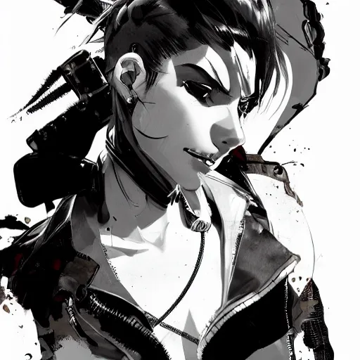 Image similar to highly detailed portrait of a punk young lady by Greg Tocchini and Yoji Shinkawa, 4k resolution